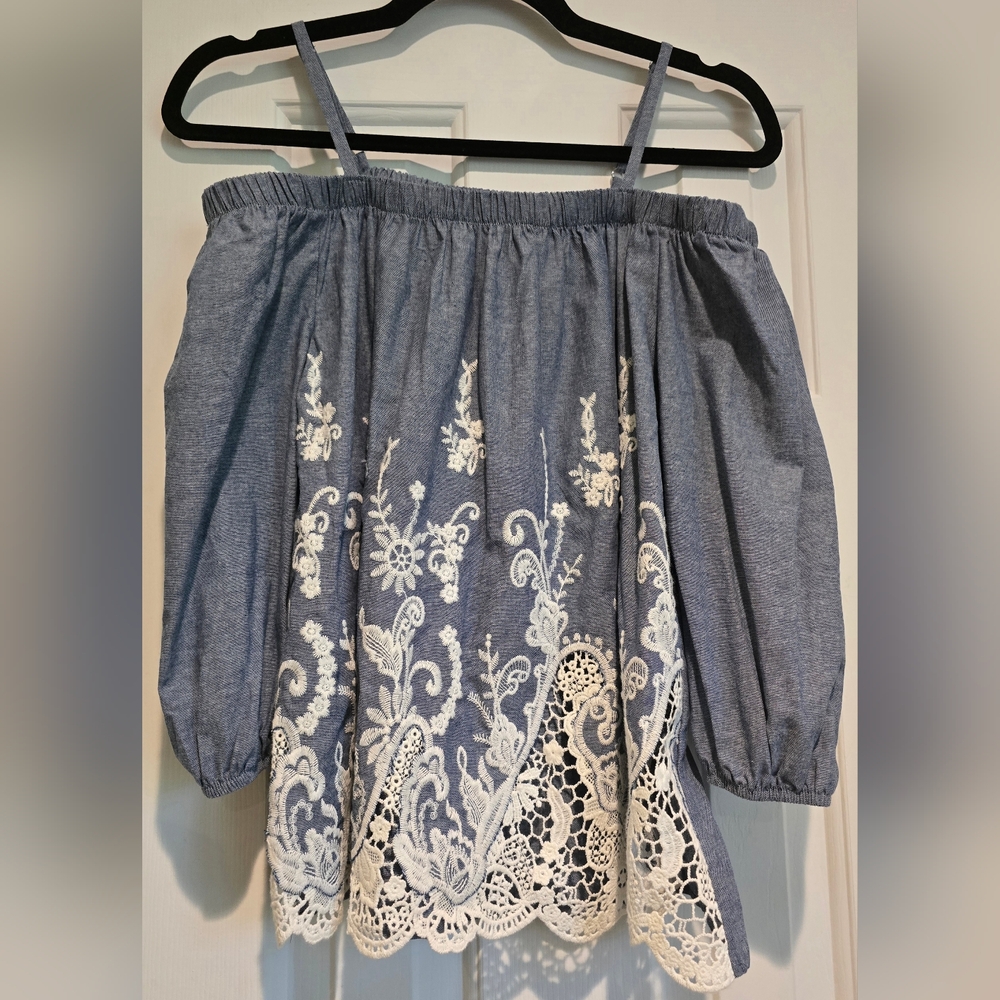 Women's A Byer 3/4 Sleeve Spaghetti Strap Of Shoulder Blouse Embroidery Sz Small